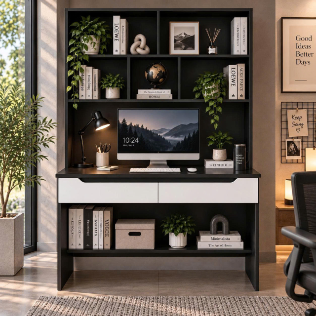 Bàn Học Liền Giá Sách Có 2 Ngăn Kéo Thiết Kế Hiện Đại
