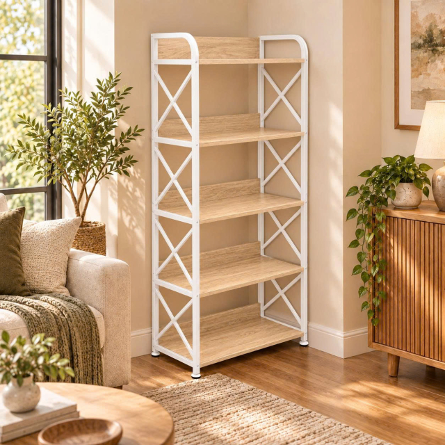 Kệ 5 tầng khung sắt mặt gỗ chữ X 
